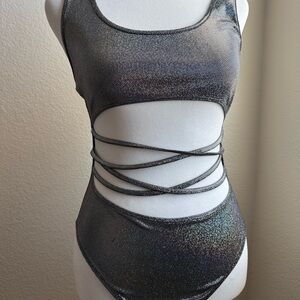 Metallic Black Cutout One-Piece Swimsuit with Wrap Straps